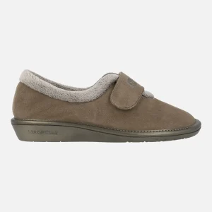 Zapatillas de casa para mujer en ante taupe con cierre de velcro