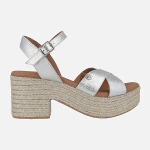 Sandalias Clifton laminado plata con tacón y plataforma de yute
