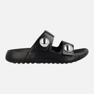 Sandalias negras de piel con cierre de velcro y botones metálicos Cozmo