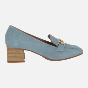 Mocasines de tacón para mujer en ante con adorno metálico