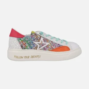 Zapatillas deportivas en combinado glitter multicolor con cordones elásticos
