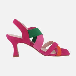 Sandalias de tacón con tiras multimaterial en combinado fucsia