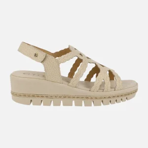SANDALIAS DE PIEL color beige EFECTO TRENZADO CON CIERRE DE VELCRO