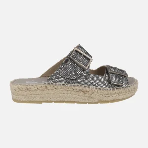 SANDALIAS DE DOBLE HEBILLA EN FANTASÍA ACERO CON PISO DE ESPARTO