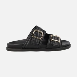 Sandalias negras de piel con dos tiras anchas con hebillas Isabela