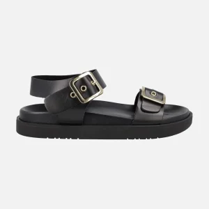 Sandalias negras de piel con hebillas y pulsera al tobillo