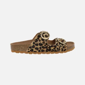 Sandalias estilo bio en piel animal print leopardo con hebillas doradas