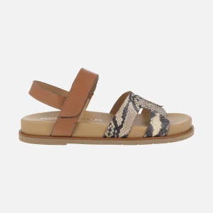 Sandalias Saro en combinado de piel marrón y print serpiente