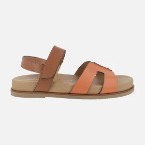 Sandalias Saro en combinado de piel marrón y naranja