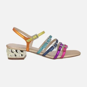 Sandalias joya Katy con tiras multicolor y tacón metálico