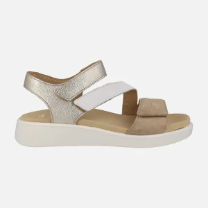 Sandalias de piel en blanco-camel-oro con cierre de velcros