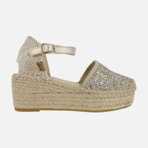 Alpargatas en glitter dorado con plataforma de yute y pulsera al tobillo