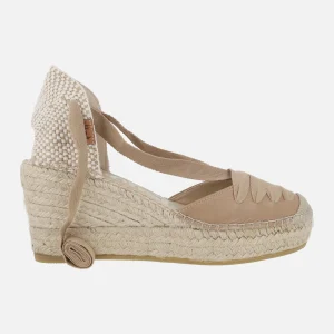 Zapatillas de esparto en piel camel con cintas