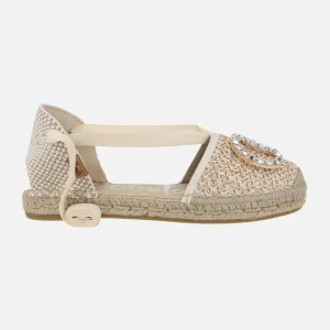 Zapatillas de esparto planas con adorno joya y cintas