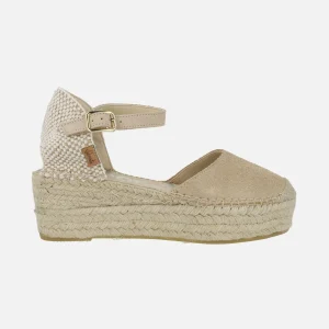 Alpargatas en serraje arena con plataforma de yute y pulsera al tobillo