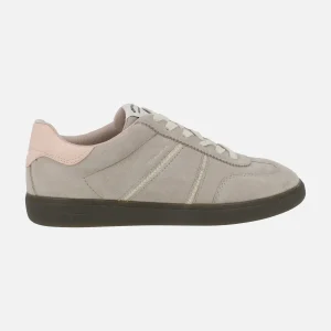 Zapatillas deportivas en serraje taupe con talonera rosa