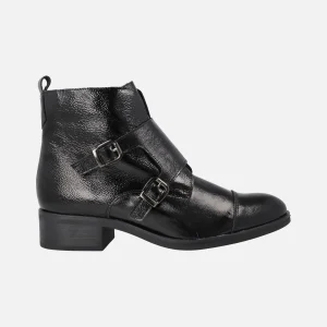 Botines negros de charol para mujer con dos hebillas