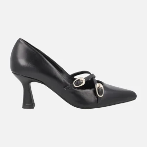 Salones negros de piel Gumer con tiras cruzadas y hebillas