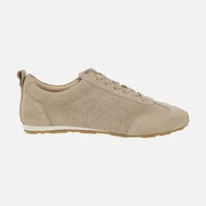 Zapatillas deportivas en serraje beige con detalle de picados