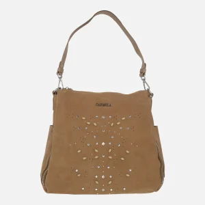 Bolsos multi posición en serraje camel con tachas y pedrería