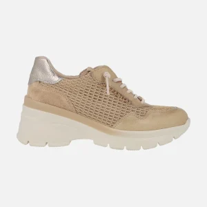 Deportivas en combinado de piel y rejilla con cuña y cordones elásticos