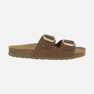 Sandalias bio en serraje marrón con dos hebillas doradas