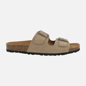 Sandalias bio para hombre en serraje taupe con dos hebillas