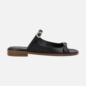 Sandalias negras planas de piel para mujer Lottusse Nylo con hebillas