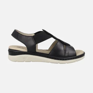 Sandalias confort en piel negra con detalles de strass