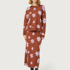 Jersey de punto jacquard estampado flores marrón