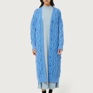 Cárdigan largo de punto trenzado azul