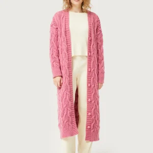Cárdigan largo de punto trenzado rosa