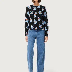 Top nido de abeja estampado floral Calatea negro