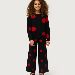 Jersey de niña de punto jacquard estampado de lunares rojos
