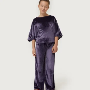 Top de niña de terciopelo manga abullonada morado