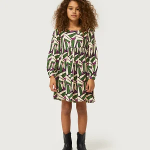 Vestido corto de niña estampado geométrico verde