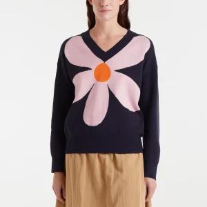 Jersey de punto jacquard con estampado big navy blue flower