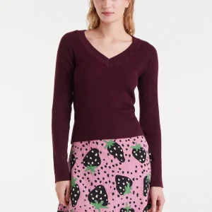 Top de punto escote pico berenjena