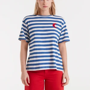 Camiseta 100% algodón con estampado de rayas azules y bordado de luna