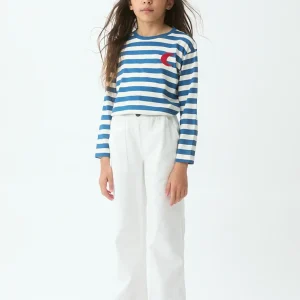 Camiseta de niña de rayas azul y blanco con detalle de media luna