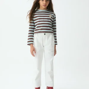 Camiseta de niña de rayas azul y marrón con detalle de media luna