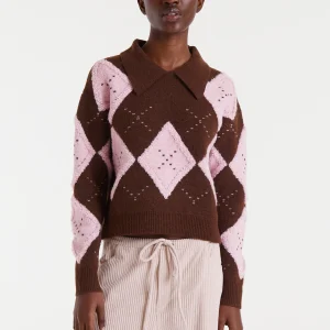 Jersey jacquard punto rombo rosado y marrón