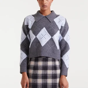 Jersey jacquard punto rombo gris y azul