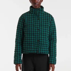 Abrigo acolchado con estampado pata de gallo negro y verde