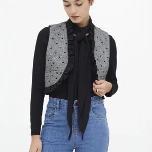 Chaleco tweed con estampado de corazones negro