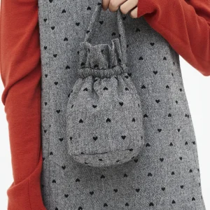 Bolso de mano tweed con estampado de corazones negro