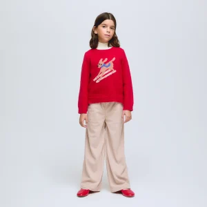 Jersey rojo de punto con diseño de perro esquiador.