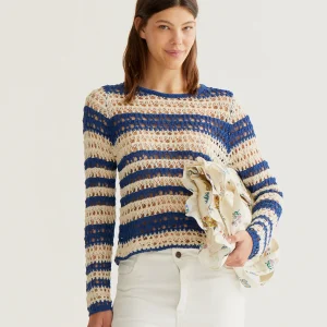 Top punto calado con rayas blanco y azul