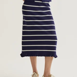 Falda midi  de punto con estampado de rayas azul marino y blanco