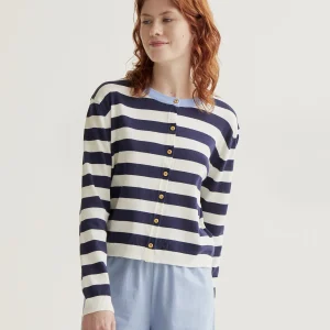 Cárdigan de punto suave con estampado de rayas blanco y azul marino